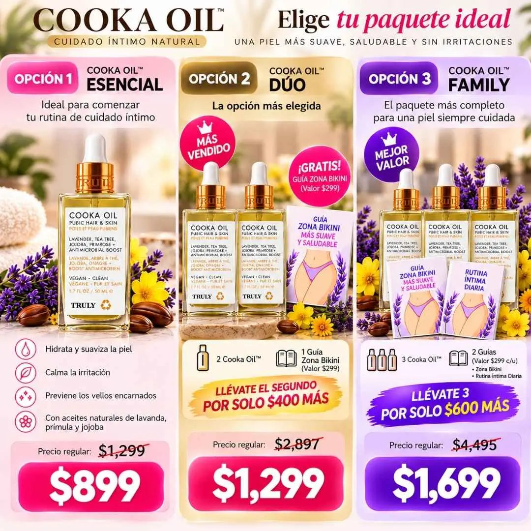Paquetes de Cooka Oil: 1 frasco $899, 2 frascos $1,299 con guía de regalo, 3 frascos $1,699 con 2 guías
