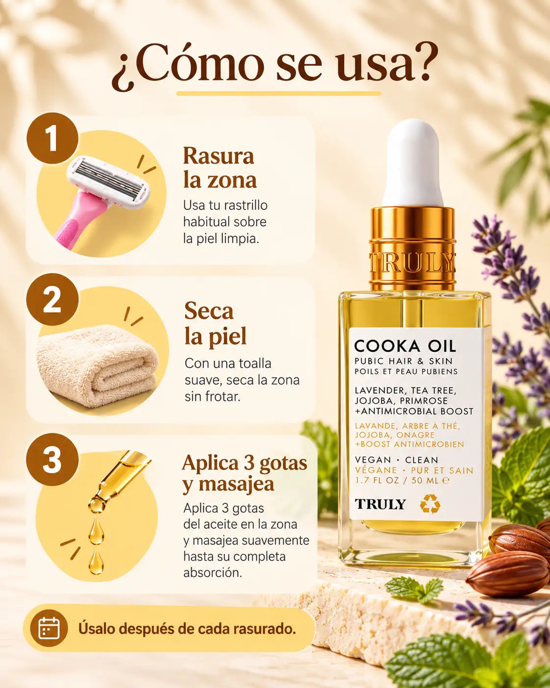Beneficios del aceite: calma la irritación, hidrata y suaviza, con ingredientes botánicos