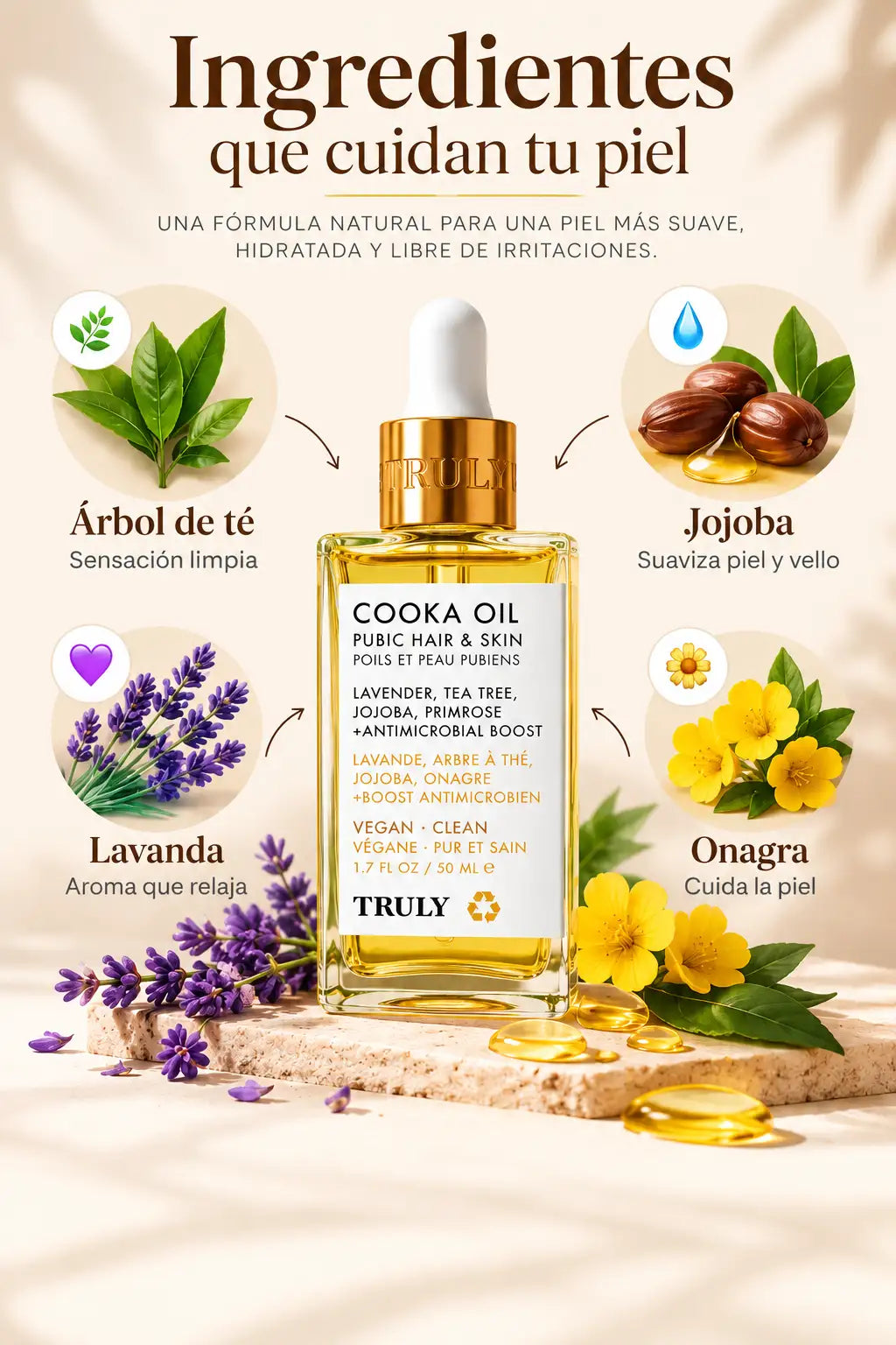 Ingredientes del aceite: árbol de té, jojoba, lavanda y onagra