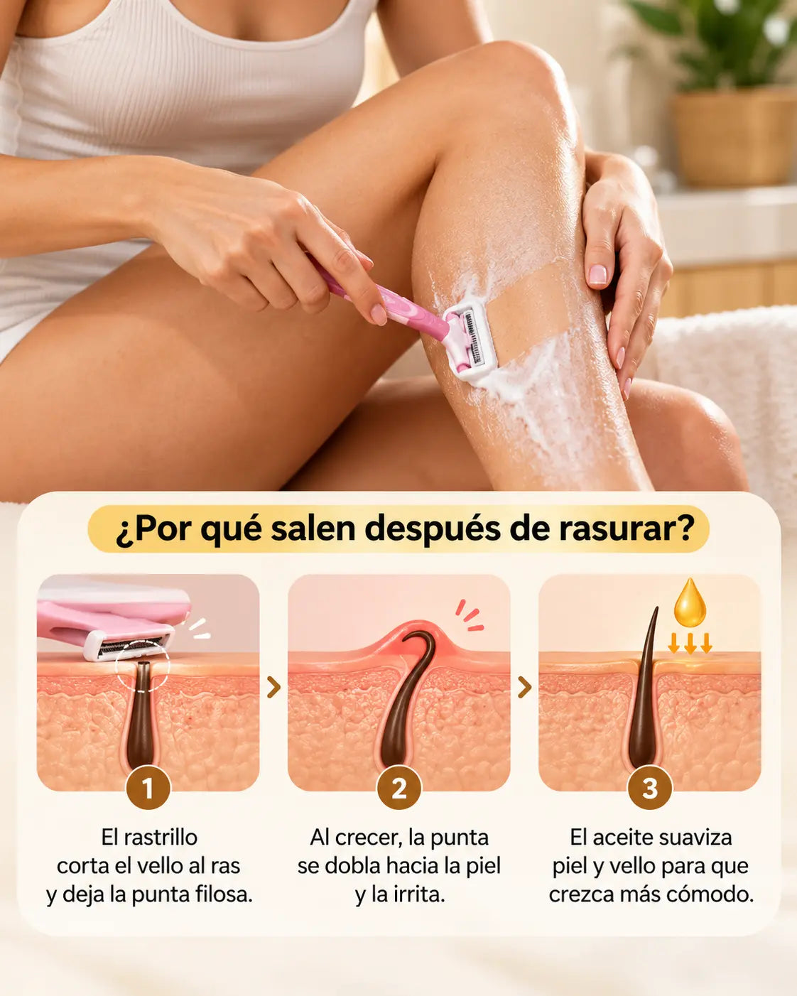Por qué salen granitos después de rasurar: el rastrillo deja la punta filosa, al crecer se dobla e irrita, el aceite suaviza piel y vello